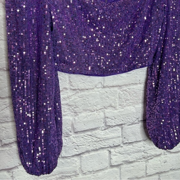 Faeriesty Purple Sequin Balloon Sleeve Crop Top - Picture 7 of 12